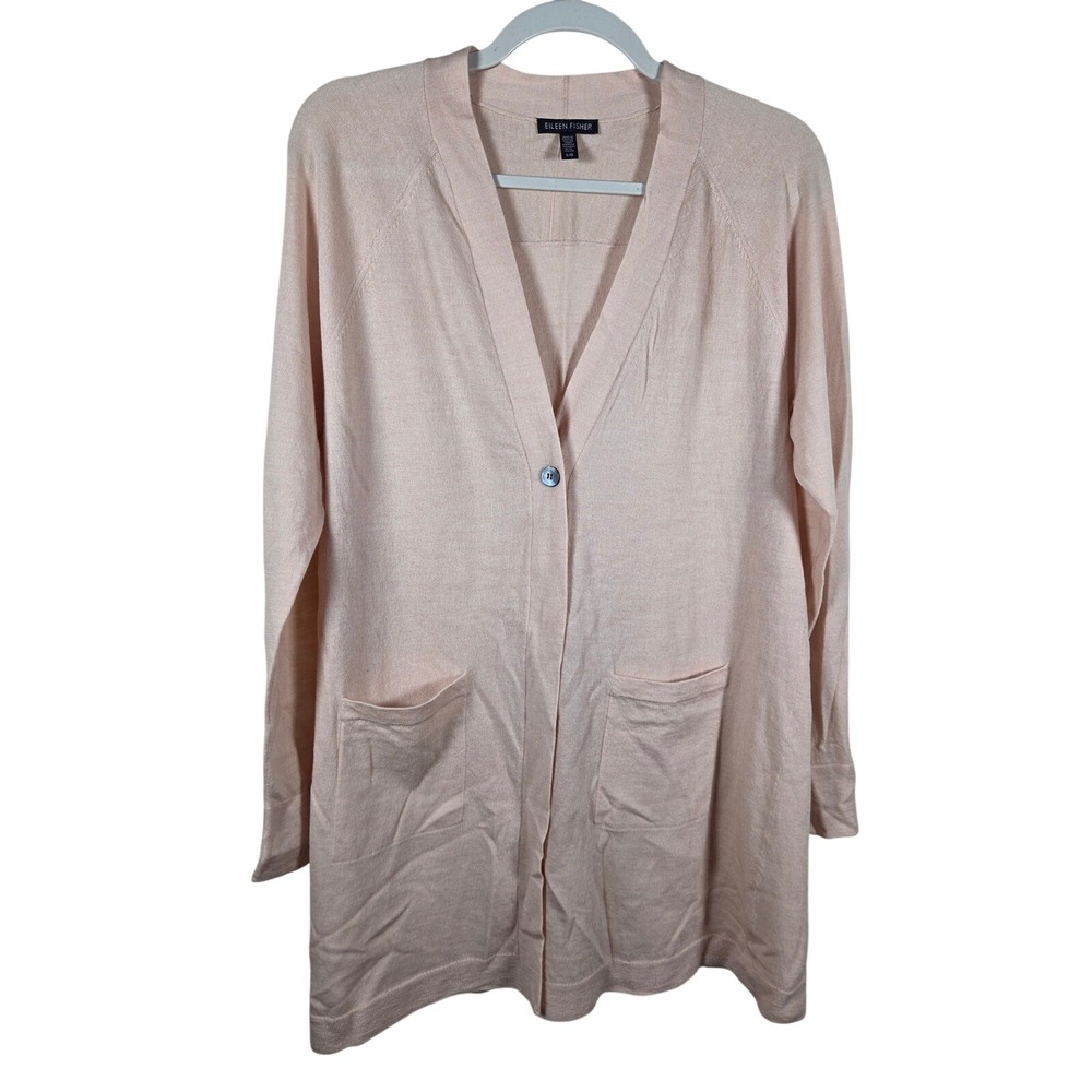 Eileen Fisher Cardigan Women L Pink Merino Wool Longline Button Front Casual